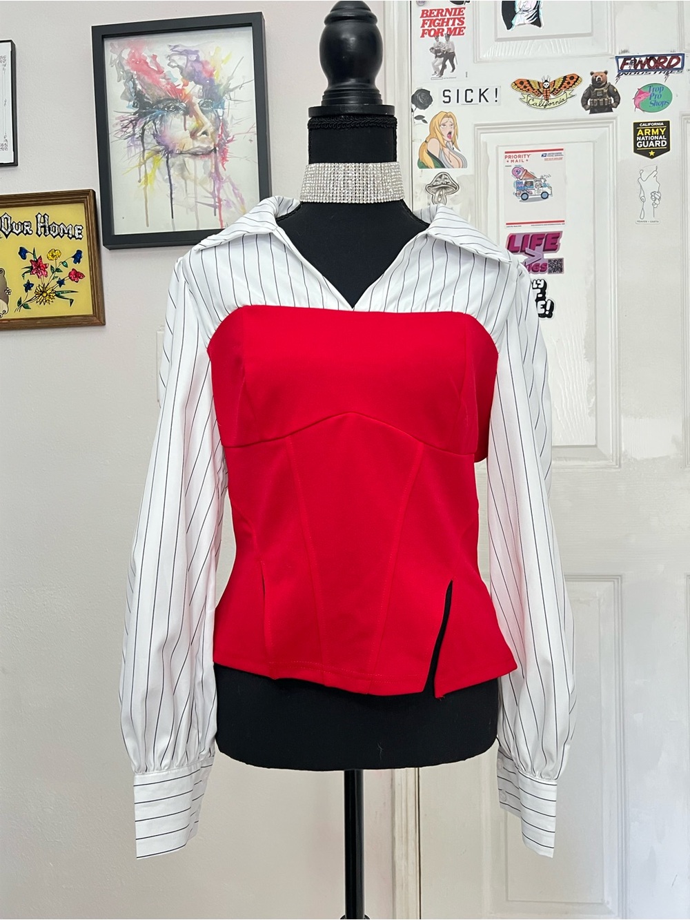 Red Two-Tone Hooded Bustier Top with Pinstripe Sleeves